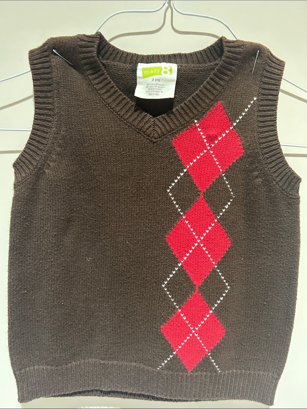 Boys Crazy 8 Brown V-Neck Sweater Vest with Red Argyle